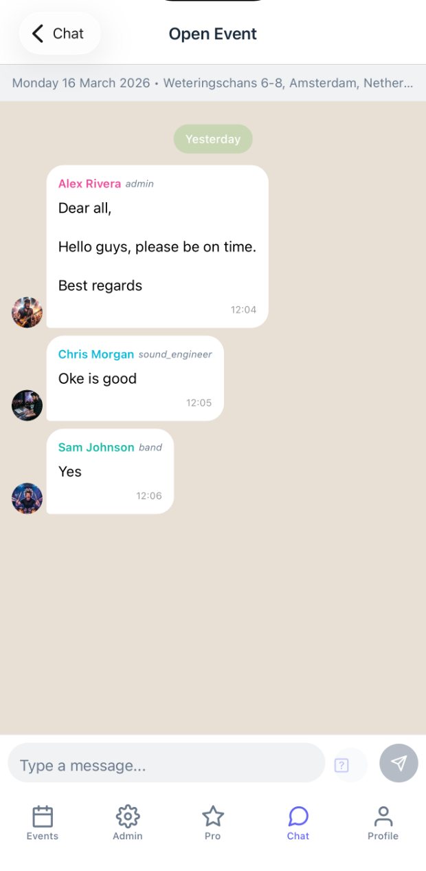 MyGigFlow event chat screen